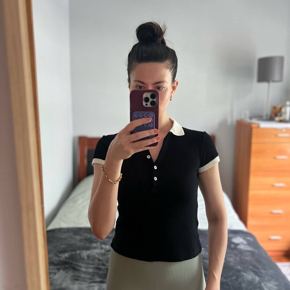 Prada Black Polo Button-Down Top with Cream Trim